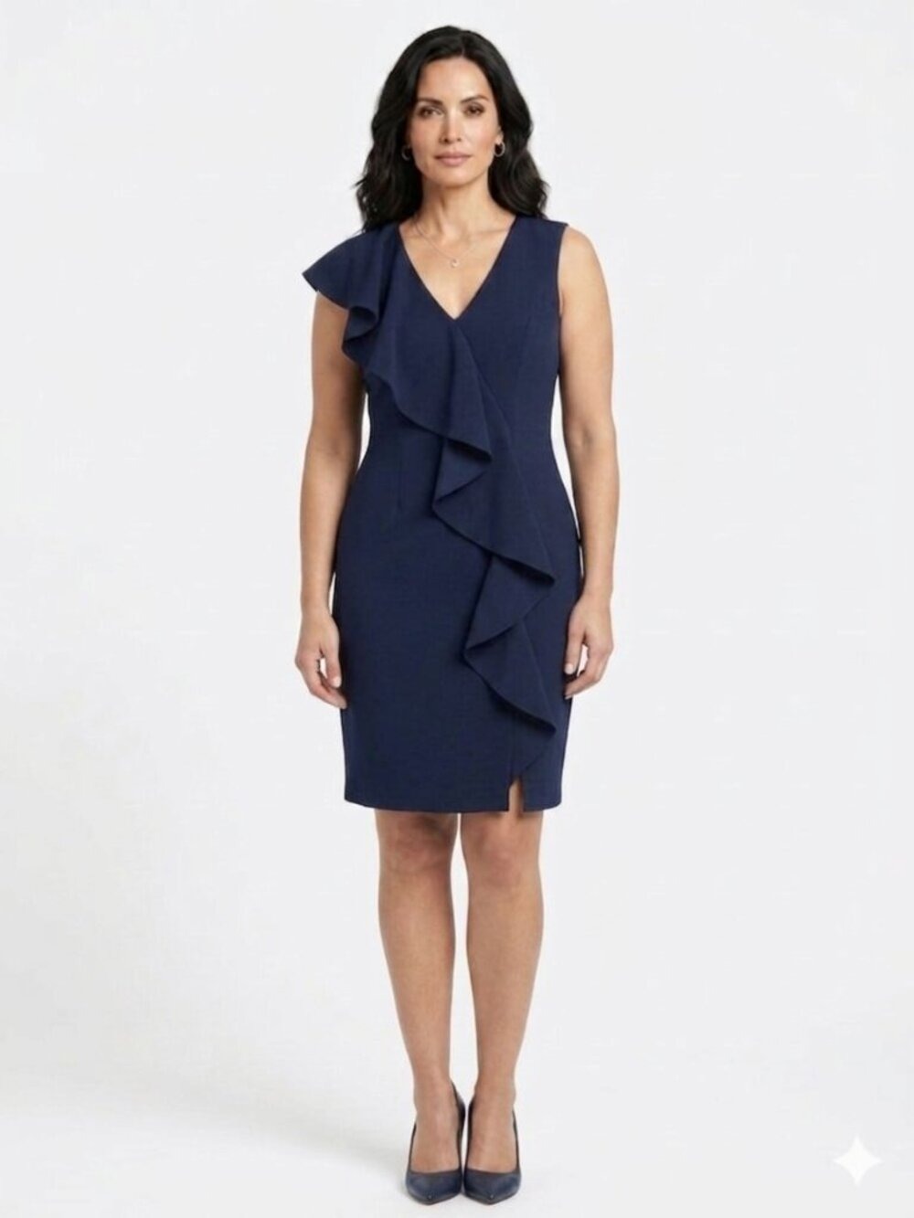 Eliza J Navy Ruffle Sheath Cocktail Dress Sleeveless Wedding Guest US 14 0590